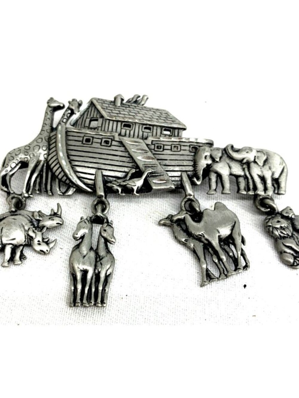 JJ JONETTE Pewter Noah's Ark Dangling Animal Charms Brooch Lapel Pin 2.75"
